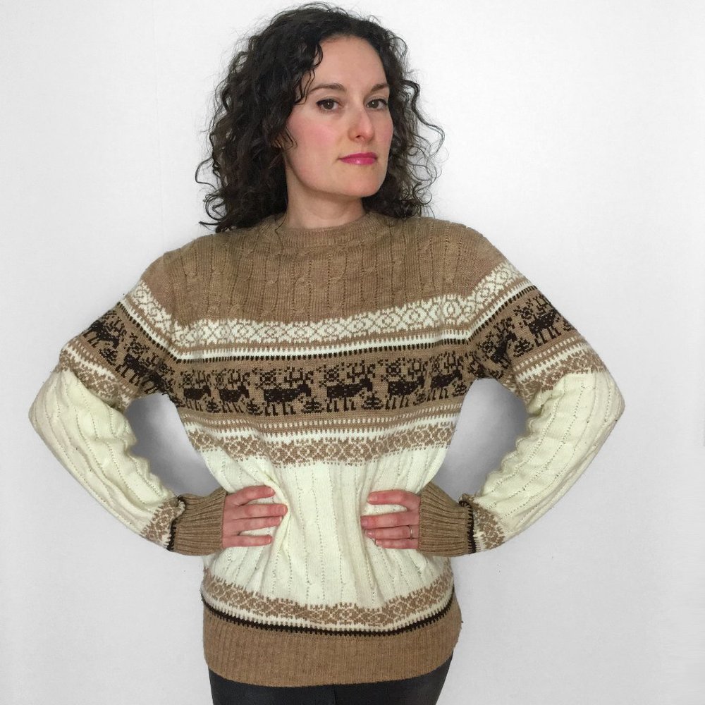 80s Vintage Nordic REINDEER Sweater in Mocha, Cream & Cocoa